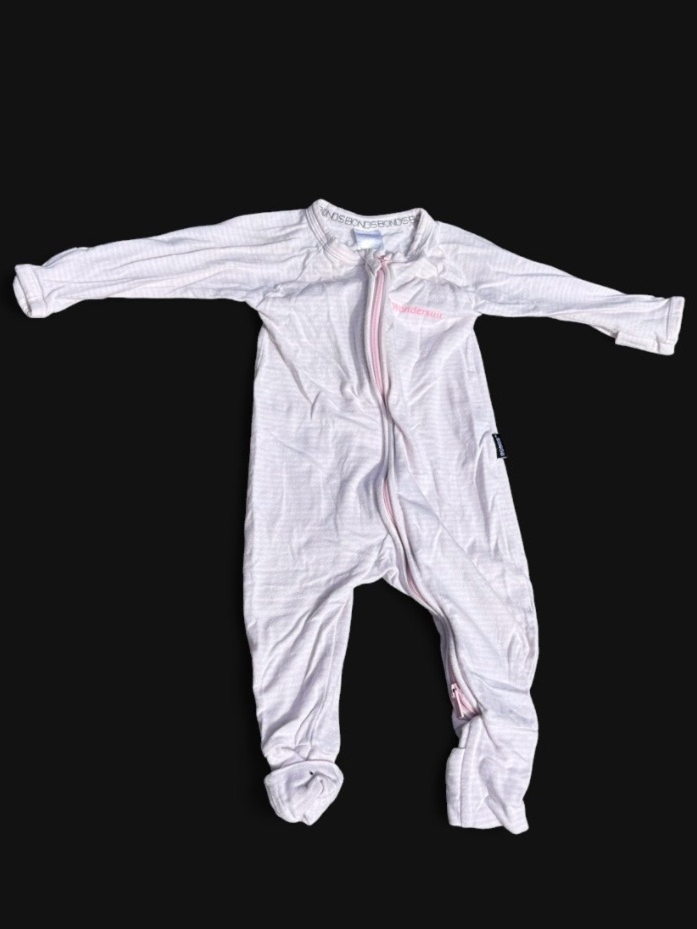 3-6M Bonds |  Light Pink Striped Long-Sleeve Fold Over Hands And Feet One-Piece